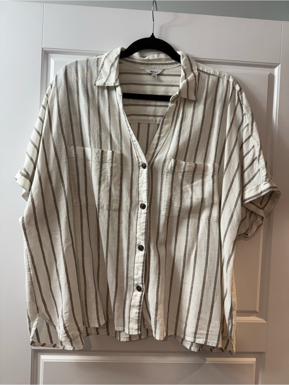 Reitmans Cream Line Button-Up Shirt with Taupe Stripes